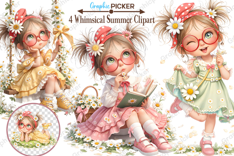 Whimsical Summer Daisy Girl Clipart, Whimsical Summer Girls