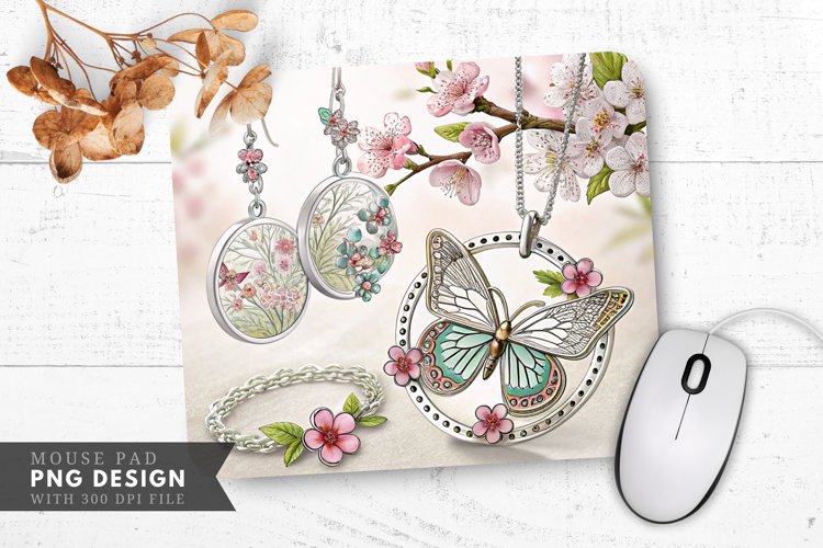 Butterfly and Floral Jewelry Design Mouse Pad PNG example image 1