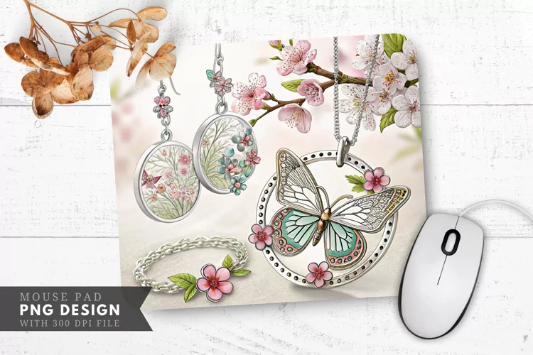 Butterfly and Floral Jewelry Design Mouse Pad PNG