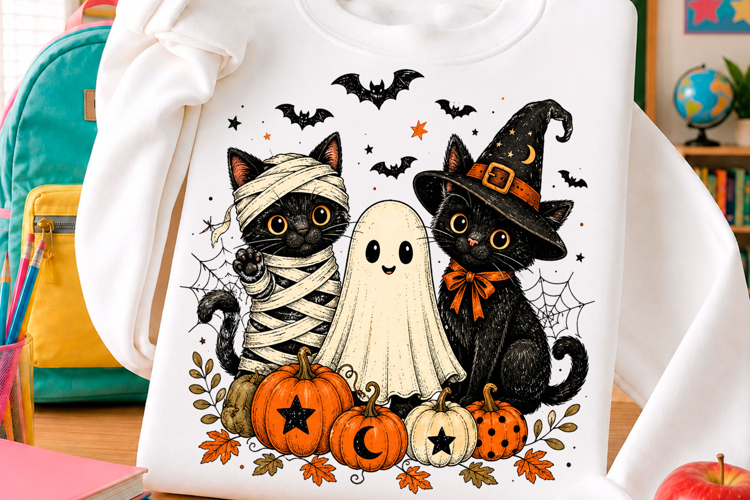 Cute Halloween Cat Ghost Pumpkin T Shirt Design