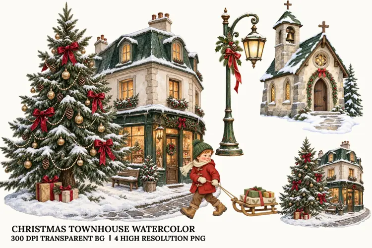 Christmas Girl PNG, Winter Townhouse Watercolor Sublimation