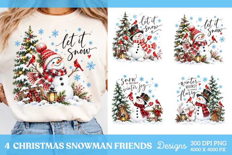 4 Christmas Friends Shirt PNG Designs, 4 Vintage Snowman Fri