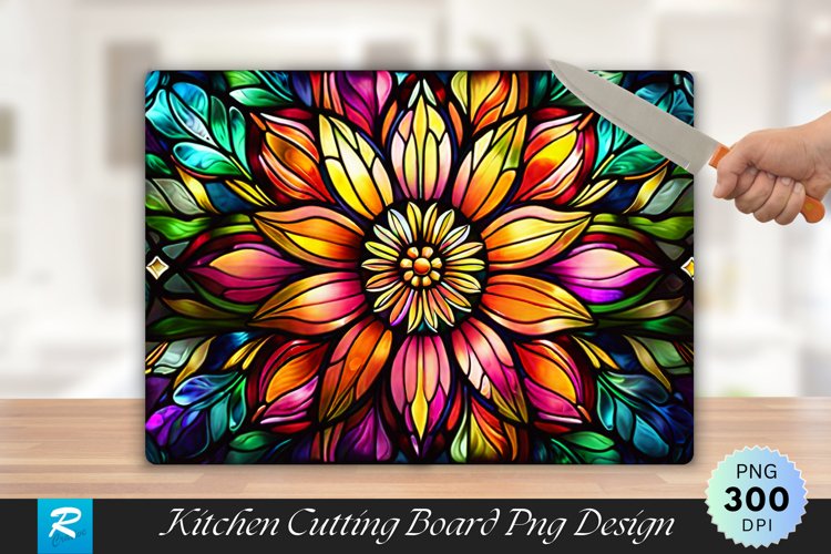 Colorful Stained Glass Flowers Cutting Board PNG Design example image 1