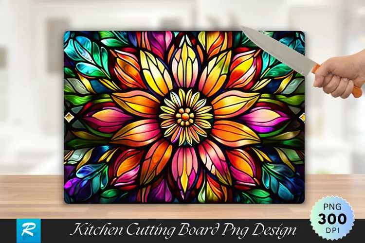 Colorful Stained Glass Flowers Cutting Board PNG Design