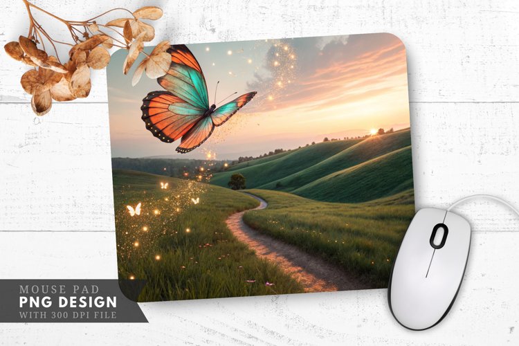 Butterfly Meadow Sunset Mouse Pad PNG Design