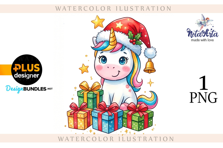 Christmas Unicorn Watercolor Illustration
