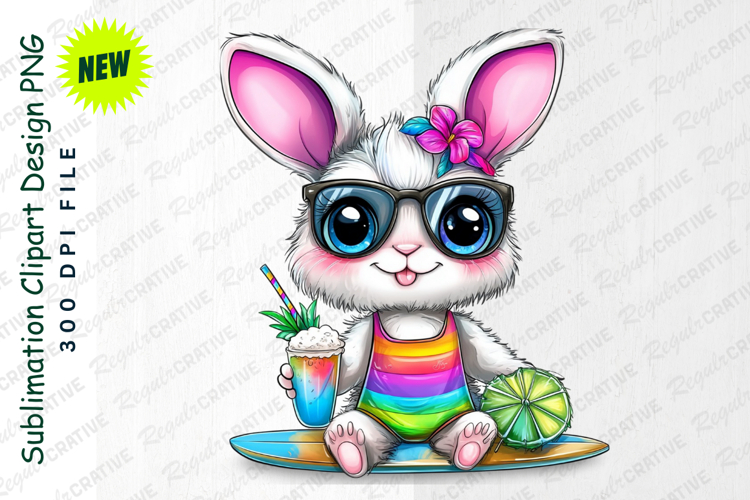 Adorable Summer Bunny Clipart Enjoying A Tropical Drink PNG