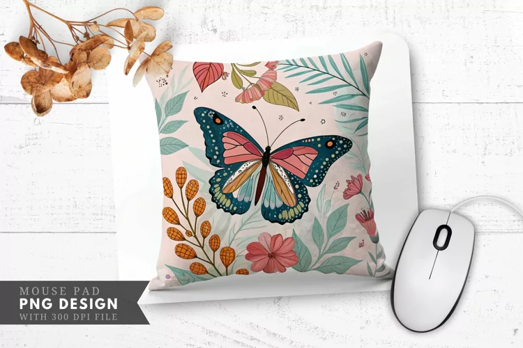 Butterfly Floral Decorative Pillow Mouse Pad PNG Design