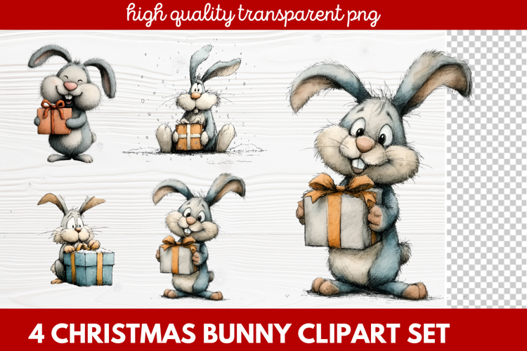 4 Christmas Bunny Clipart | Cute Holiday Bunny PNG Illus