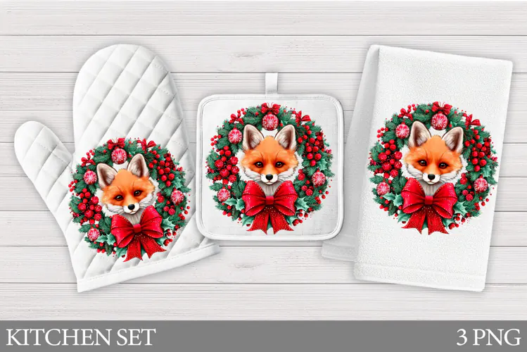 Christmas Fox Oven Mitt Design. Christmas Fox Kitchen Towel