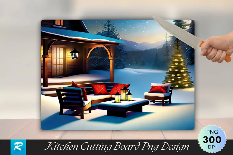 Rustic Outdoor Seating Lanterns and Snowy Cutting Board PNG