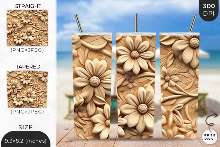3D Flowers Tumbler Wrap | 3D Floral Sublimation Design