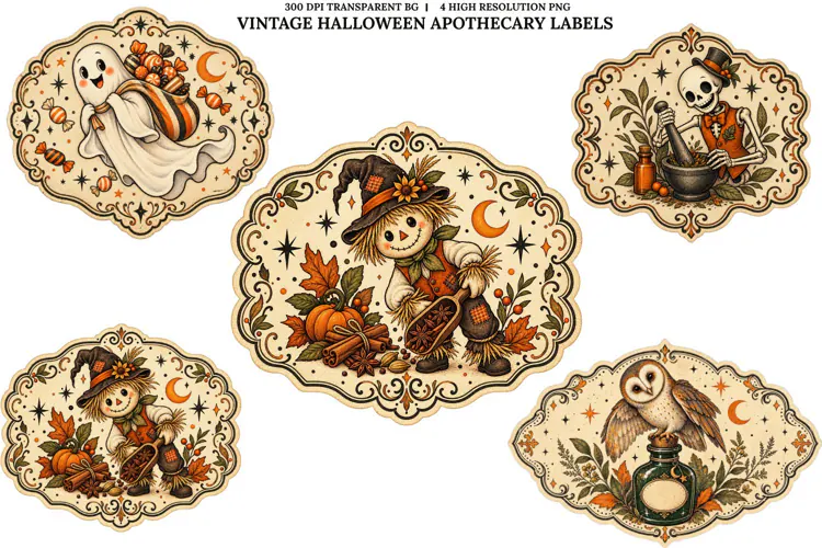 Vintage Halloween Apothecary Labels PNG Spooky Animal Art