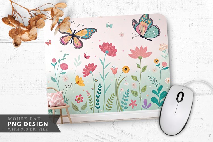 Butterflies and Flowers Mural Mouse Pad PNG Design example image 1