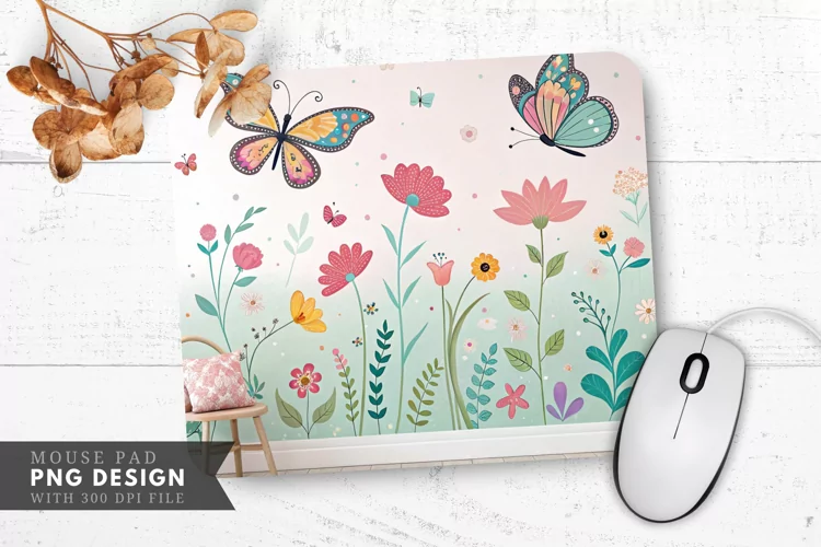 Butterflies and Flowers Mural Mouse Pad PNG Design