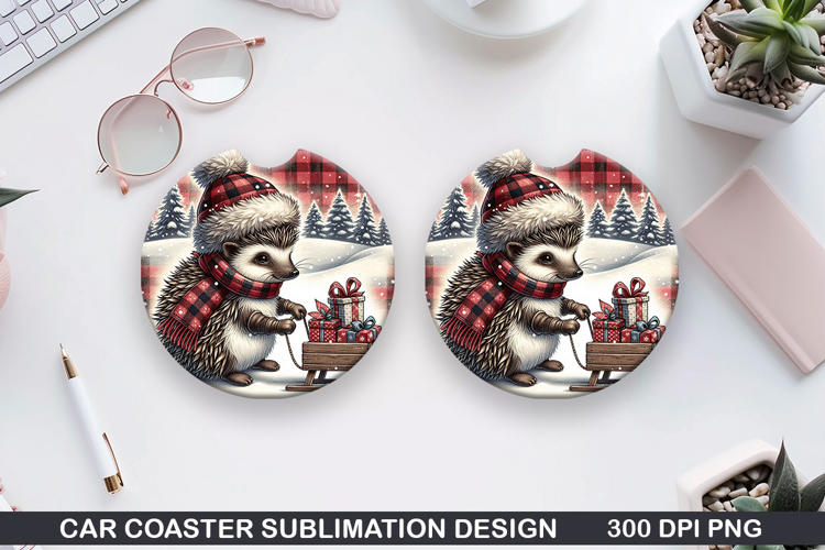 Hedgehog Car Coaster Sublimation| Christmas Coaster PNG
