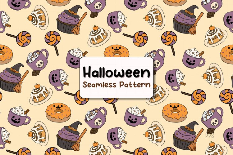Cute Halloween Seamless Pattern Spooky Sweets Coffee