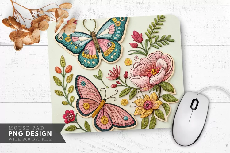 Butterfly and Floral Embroidered Patches Mouse Pad PNG