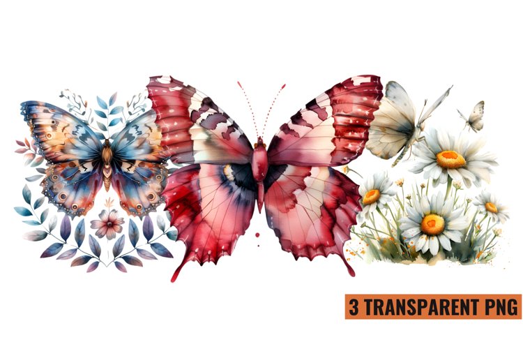 Watercolor Butterflies With Flowers Clipart PNG ,