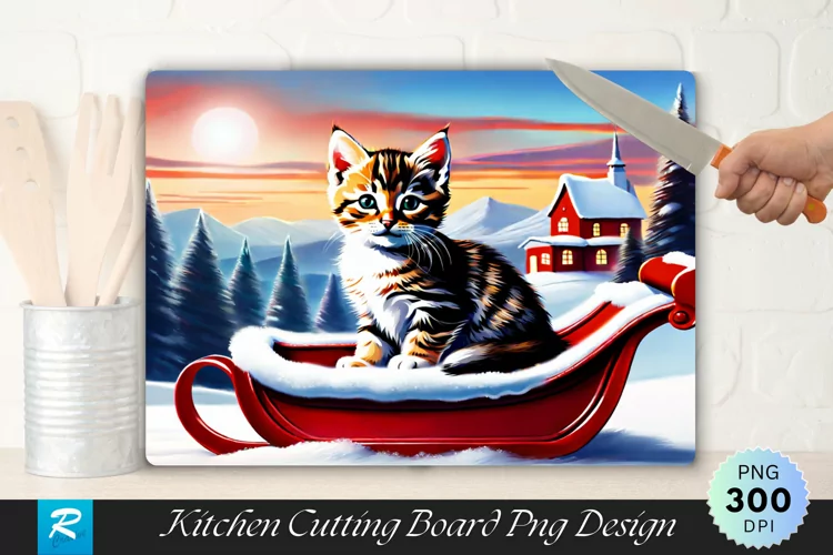 Tabby Kitten in a Sleigh Cutting Board Sublimation Design