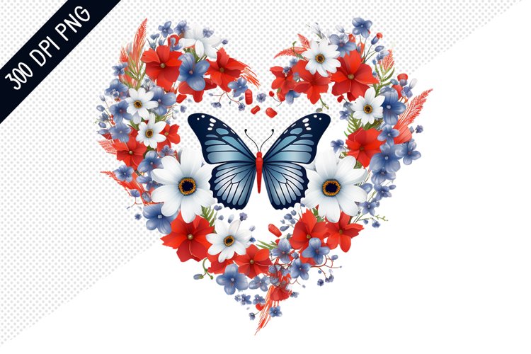 Butterfly And Floral Heart - 4Th Of July Sublimation Design