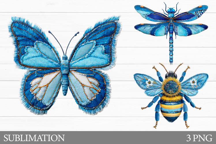 Denim Insect Sublimation. Denim Patchwork Insect Clipart