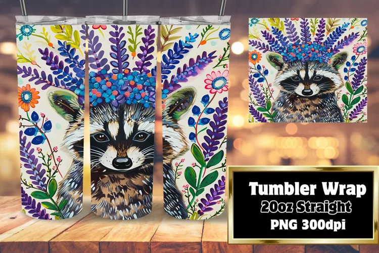Sublimation Design: Colorful Raccoon with Floral Accents