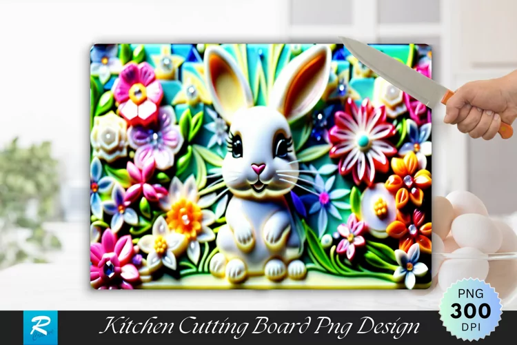 Rabbit With Flowers Cutting Board Sublimation Design