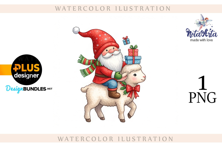 Christmas Gnome Santa with a Sheep in Watercolor Style