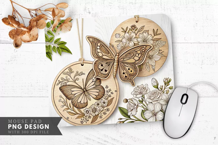 Hand Carved Wooden Butterfly and Floral Mouse Pad PNG Design