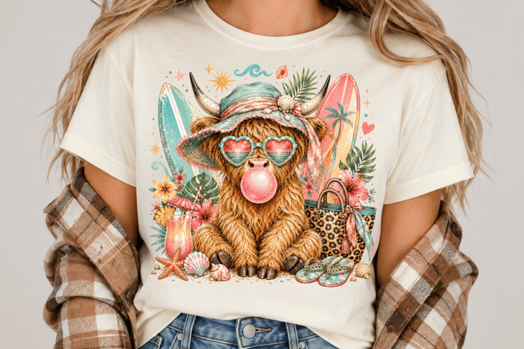 Highland Cow Summer PNG, Beach Cow Sublimation, Tropical png