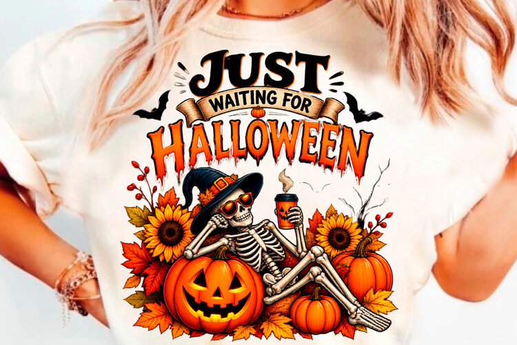 Just Waiting For Halloween Skeleton Pumpkin T-Shirt Design example image 1