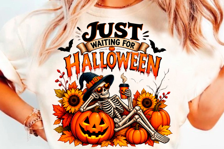 Just Waiting For Halloween Skeleton Pumpkin T-Shirt Design