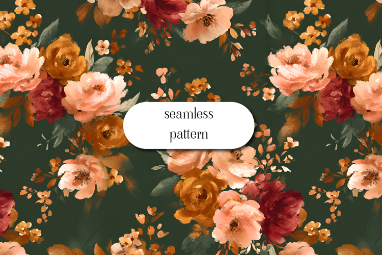 Seamless Dark Green Floral Pattern with Autumn Roses