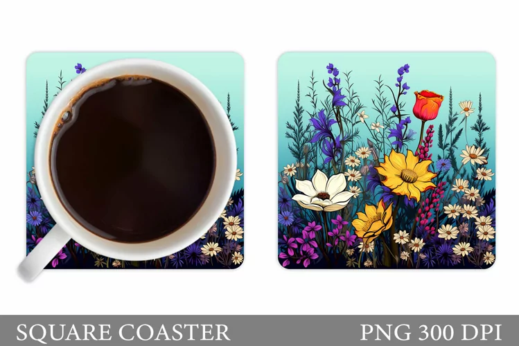 Flowers Square Coaster Sublimation. Flowers Coaster Design