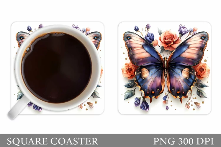 Butterfly Coaster Design. Floral Coaster Sublimation