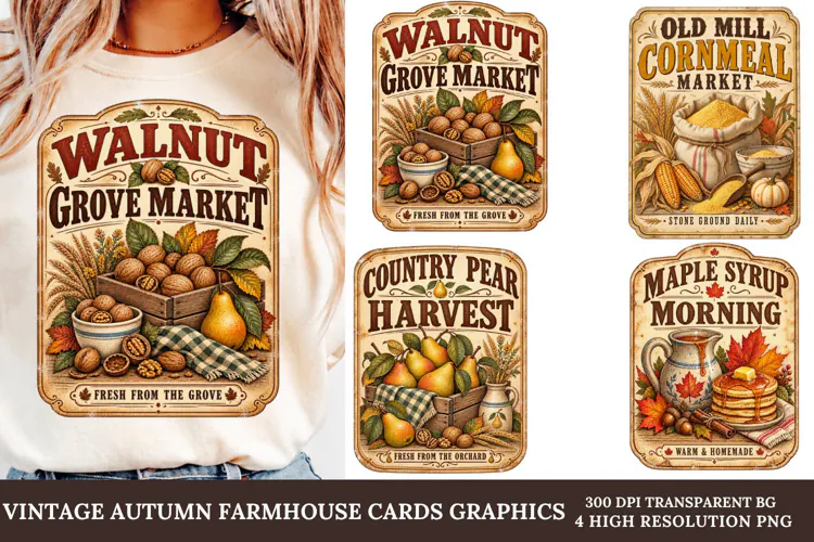 Vintage Autumn Farmhouse PNG Rustic Harvest Sublimation Art