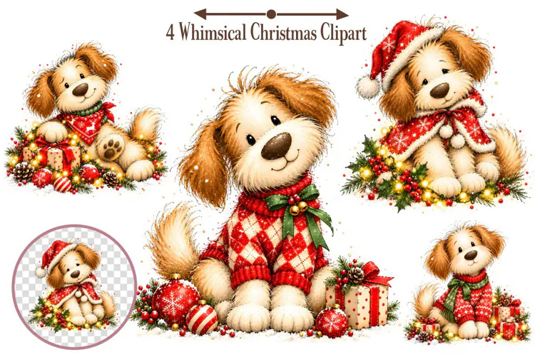 Whimsical Christmas Clipart, Christmas Dog Sublimation