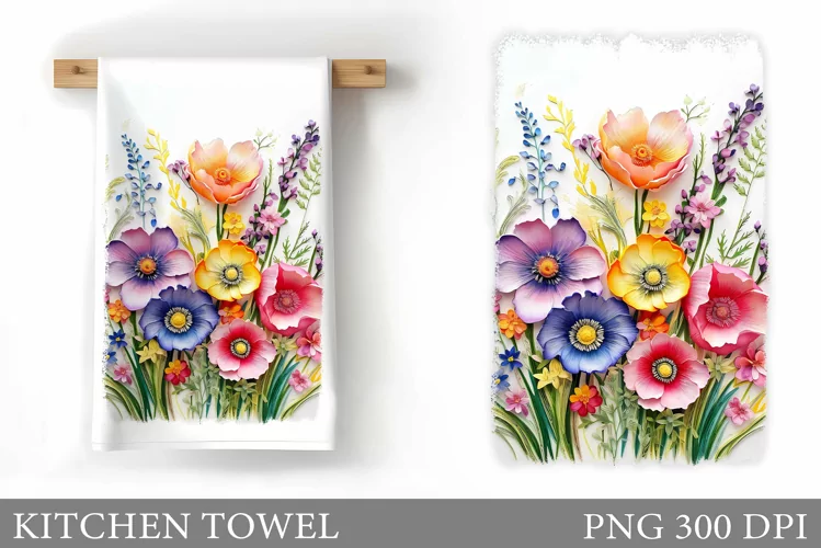 3D Flowers Kitchen Towel. Wildflowers Kitchen Towel Design