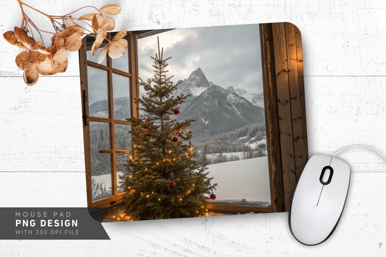 Rustic Christmas with Snowy Mountain Mouse Pad PNG Design