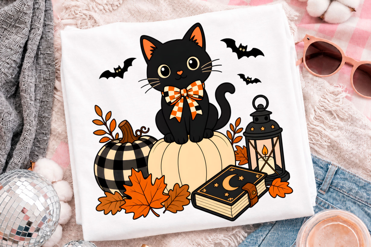 Cute Black Cat Halloween Pumpkin Fall T-Shirt Design
