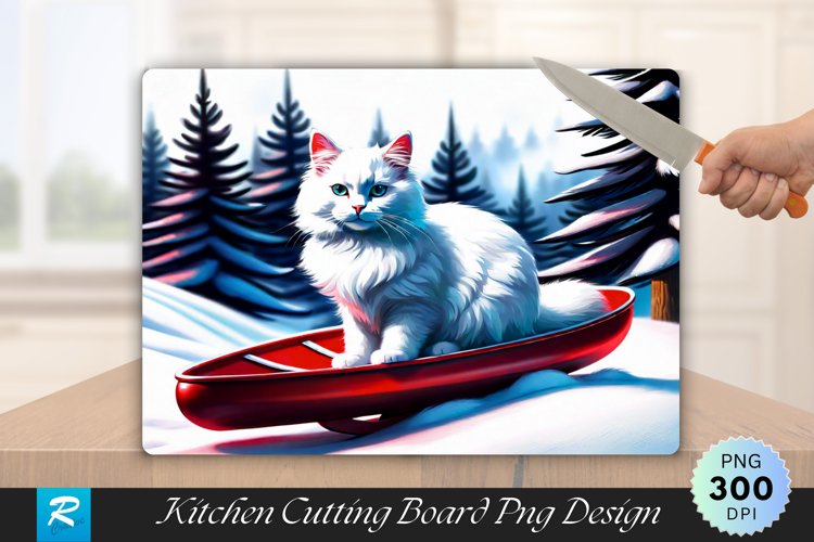 Fluffy White Cat on a Red Sled Cutting Board Sublimation example image 1