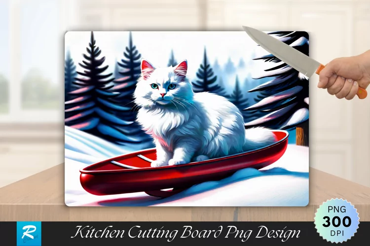 Fluffy White Cat on a Red Sled Cutting Board Sublimation