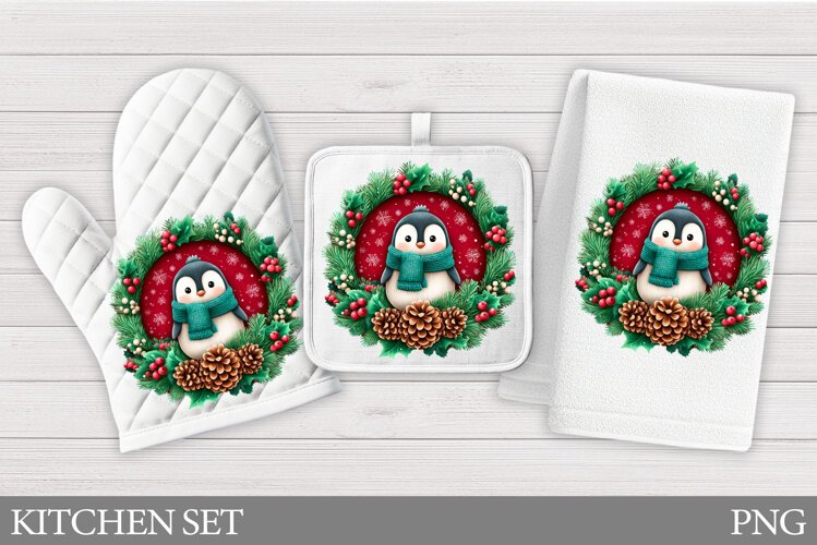 Christmas Penguin Oven Mitt. Christmas Penguin Kitchen Towel example image 1