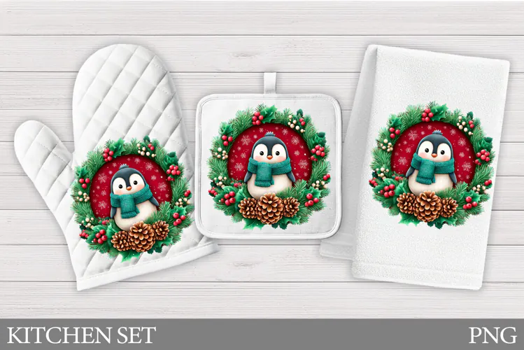 Christmas Penguin Oven Mitt. Christmas Penguin Kitchen Towel