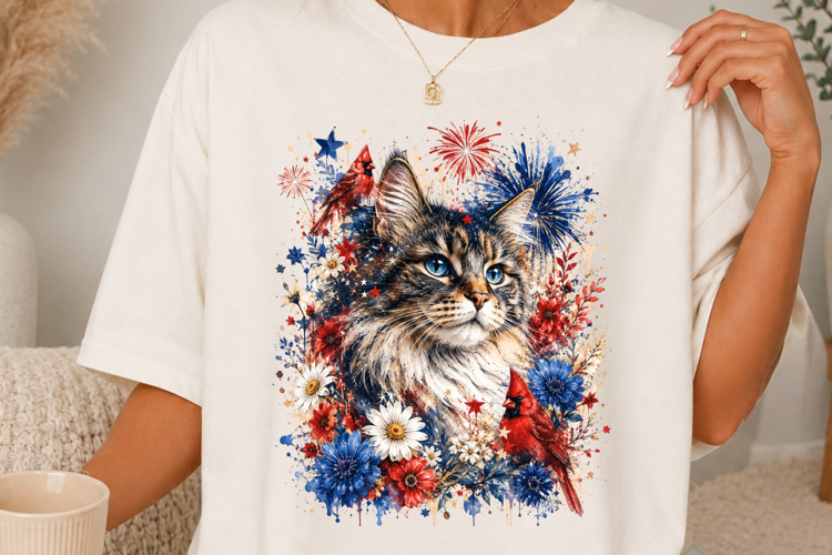Patriotic Cat Red White Blue Floral SVG