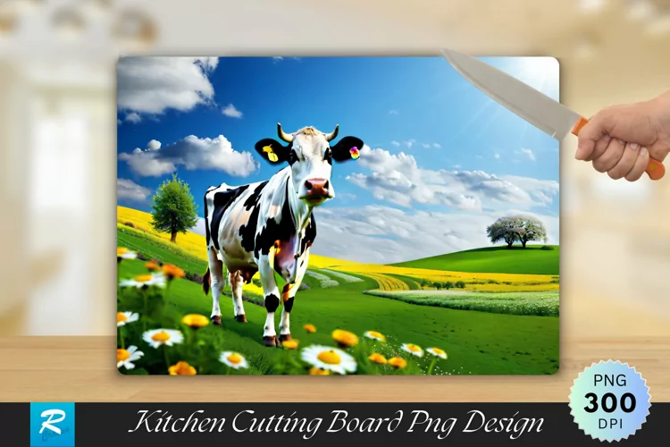 Cow Standing in a Field of Flowers Cutting Board PNG Design