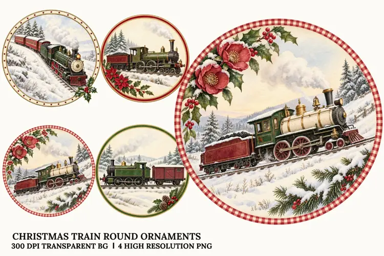 Christmas Train PNG, Vintage Winter Locomotive Ornament Art