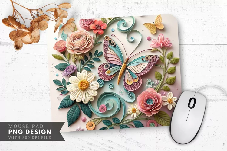 Butterfly Blossom Quilling Art Mouse Pad PNG Design