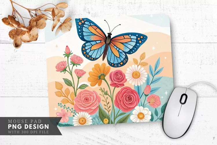 Butterfly and Floral Arrangement Mouse Pad PNG Design
